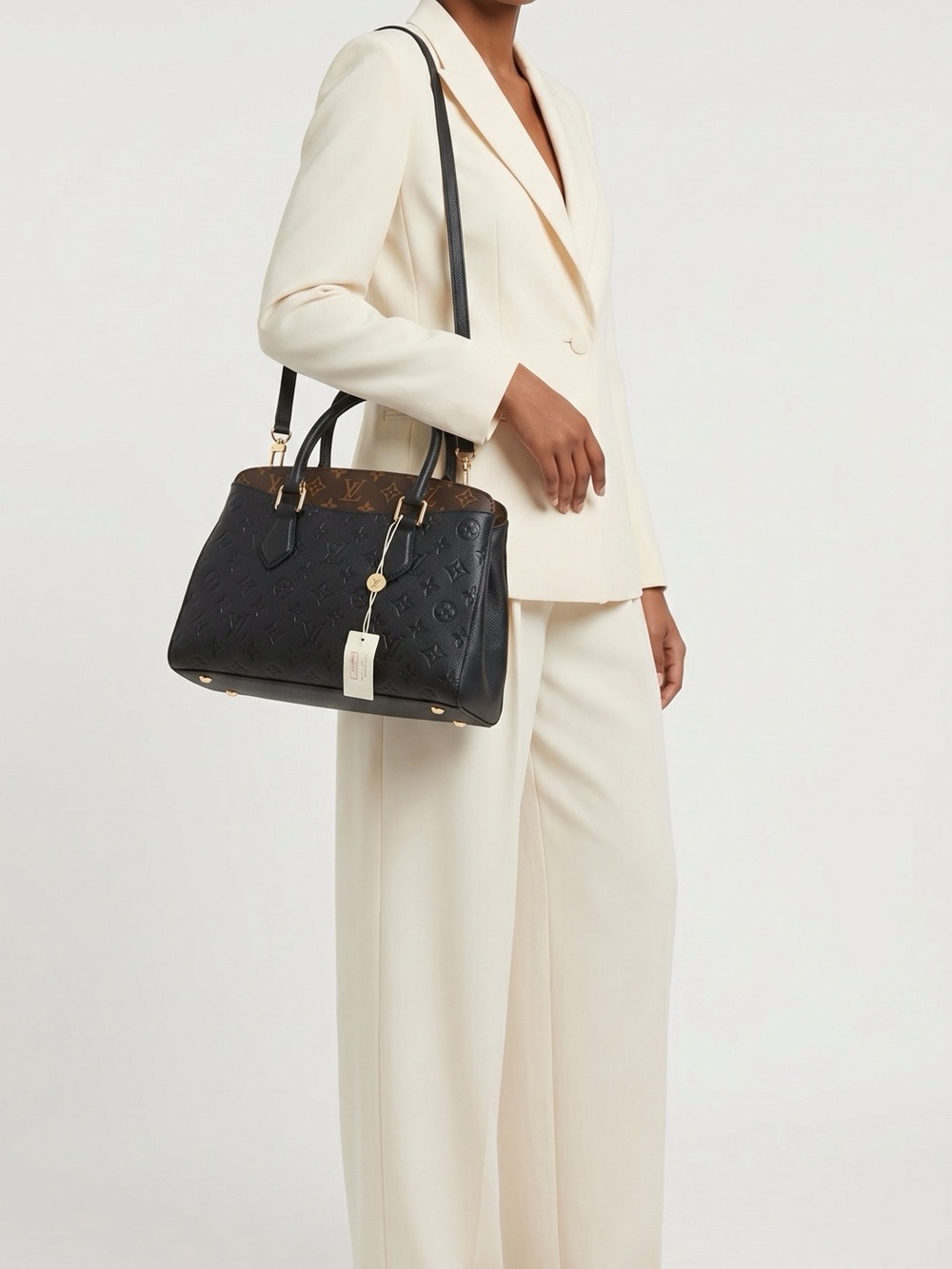 Source Unknown Black Satchel with Brown Trim and Gold Hardware